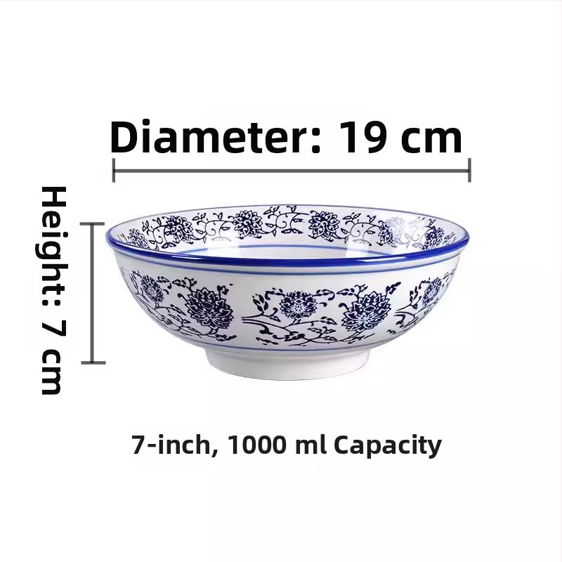 Kék-fehér porcelán mélytál, nagy kerámia tál ramenhez és nudlihoz, kínai retró stílus