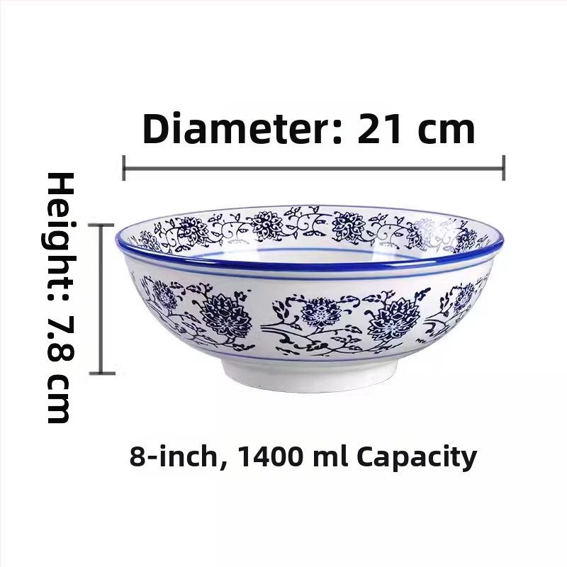 Kék-fehér porcelán mélytál, nagy kerámia tál ramenhez és nudlihoz, kínai retró stílus