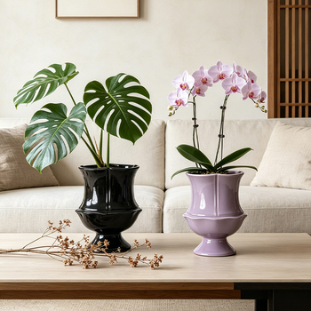 Ghiveci ceramic în stil franțuzesc, înalt, cu glazură lucioasă, design elegant, potrivit pentru Phalaenopsis și Monstera, ghiveci verde pentru decorul livingului