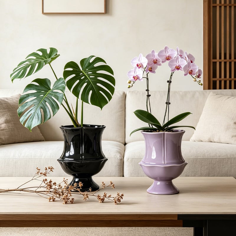 Ghiveci ceramic în stil franțuzesc, înalt, cu glazură lucioasă, design elegant, potrivit pentru Phalaenopsis și Monstera, ghiveci verde pentru decorul livingului