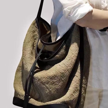 Geantă de damă în stil lejer, model 2025 din ramie și piele de vită top-grain, geantă de umăr tip tote, capacitate mare, bucket bag