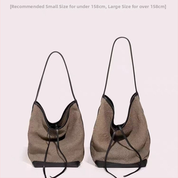 Geantă de damă în stil lejer, model 2025 din ramie și piele de vită top-grain, geantă de umăr tip tote, capacitate mare, bucket bag