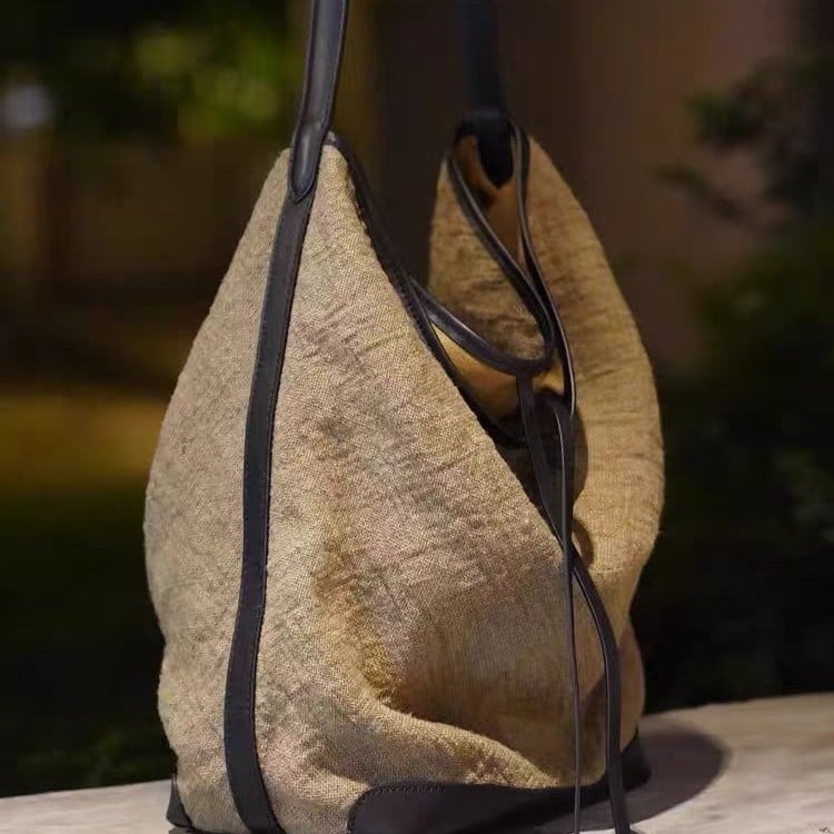 Geantă de damă în stil lejer, model 2025 din ramie și piele de vită top-grain, geantă de umăr tip tote, capacitate mare, bucket bag