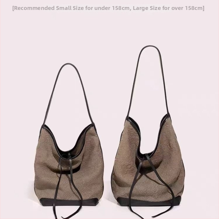 Geantă de damă în stil lejer, model 2025 din ramie și piele de vită top-grain, geantă de umăr tip tote, capacitate mare, bucket bag
