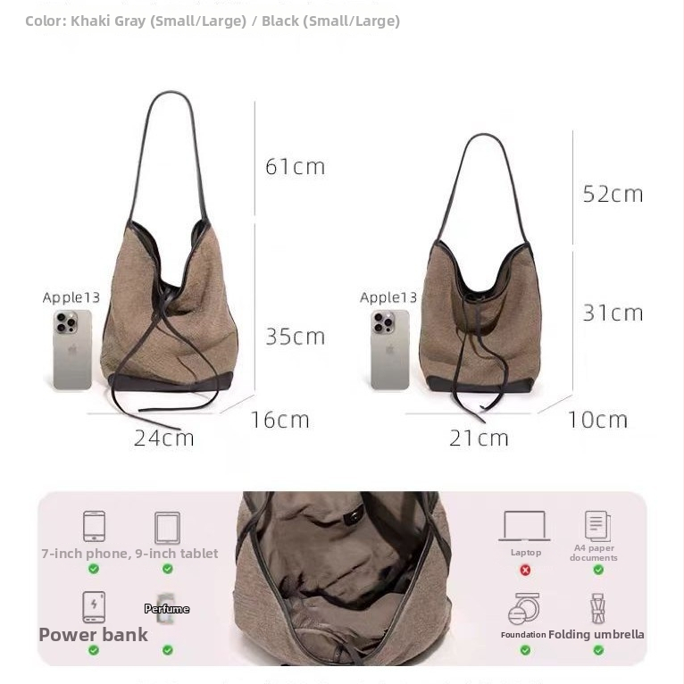 Geantă de damă în stil lejer, model 2025 din ramie și piele de vită top-grain, geantă de umăr tip tote, capacitate mare, bucket bag