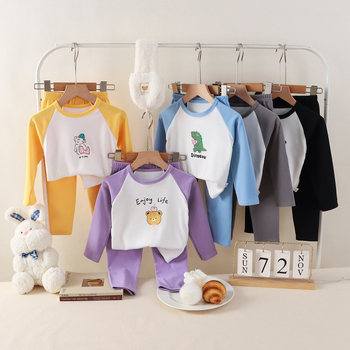 Set pijamale copii, unisex, imprimeu desen animat, material poliester cald, pentru toamnă și iarnă, 3–8 ani.