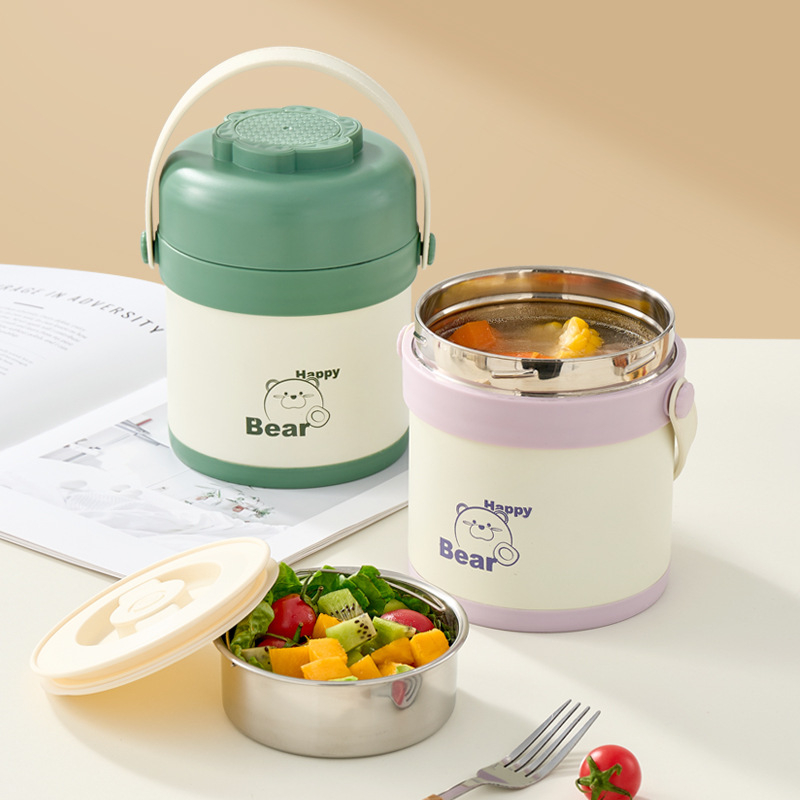 Cutie de prânz izolată, din oțel inox 304, portabilă, dublu compartiment, 1–2 L, oală/bol pentru supă