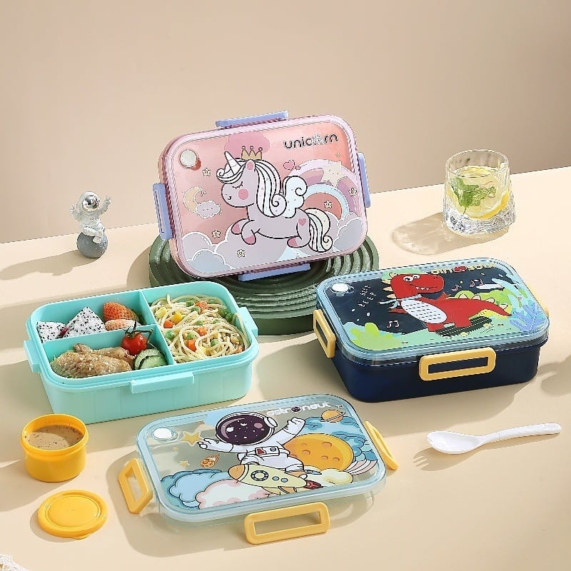 Cutie pentru prânz cu tacâmuri pentru angajați, cutie Bento cu patru compartimente, din oțel inoxidabil, potrivită pentru microunde, de calitate alimentară