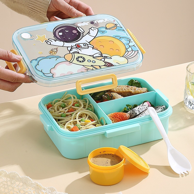 Cutie pentru prânz cu tacâmuri pentru angajați, cutie Bento cu patru compartimente, din oțel inoxidabil, potrivită pentru microunde, de calitate alimentară