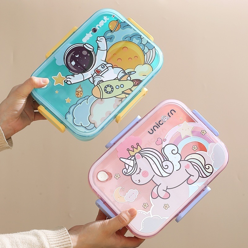 Cutie pentru prânz cu tacâmuri pentru angajați, cutie Bento cu patru compartimente, din oțel inoxidabil, potrivită pentru microunde, de calitate alimentară