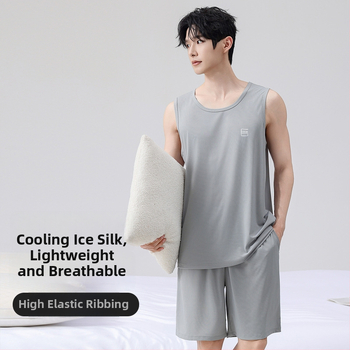 Set de pijama pentru bărbați din ice silk, vestă fără mâneci și șorturi, ușor, respirabil, haine de casă confortabile