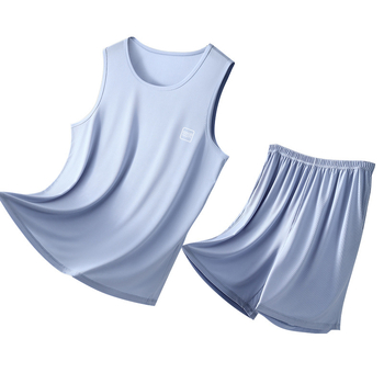 Set de pijama pentru bărbați din ice silk, vestă fără mâneci și șorturi, ușor, respirabil, haine de casă confortabile