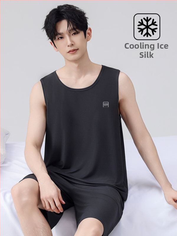 Set de pijama pentru bărbați din ice silk, vestă fără mâneci și șorturi, ușor, respirabil, haine de casă confortabile