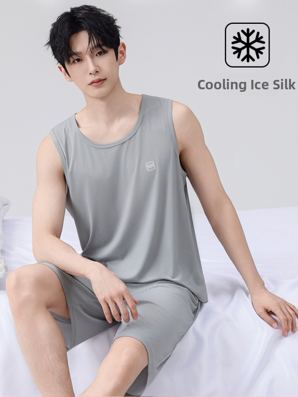 Set de pijama pentru bărbați din ice silk, vestă fără mâneci și șorturi, ușor, respirabil, haine de casă confortabile