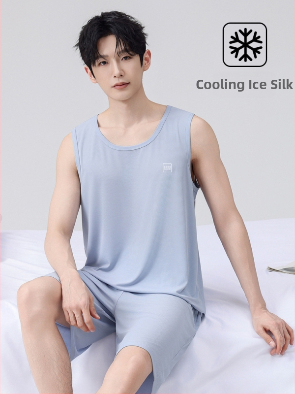 Set de pijama pentru bărbați din ice silk, vestă fără mâneci și șorturi, ușor, respirabil, haine de casă confortabile