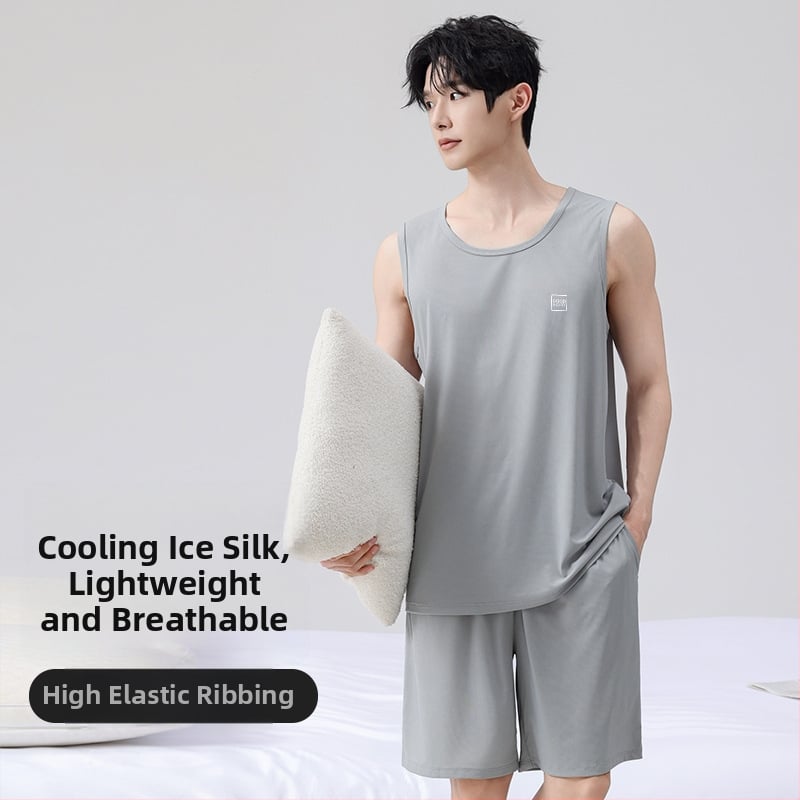 Set de pijama pentru bărbați din ice silk, vestă fără mâneci și șorturi, ușor, respirabil, haine de casă confortabile