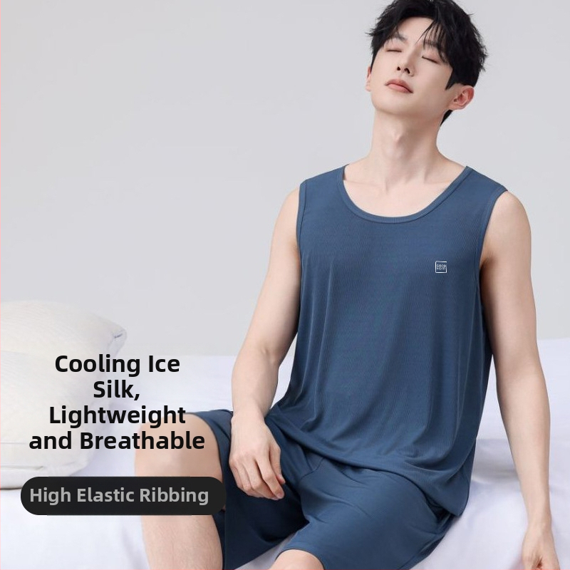 Set de pijama pentru bărbați din ice silk, vestă fără mâneci și șorturi, ușor, respirabil, haine de casă confortabile
