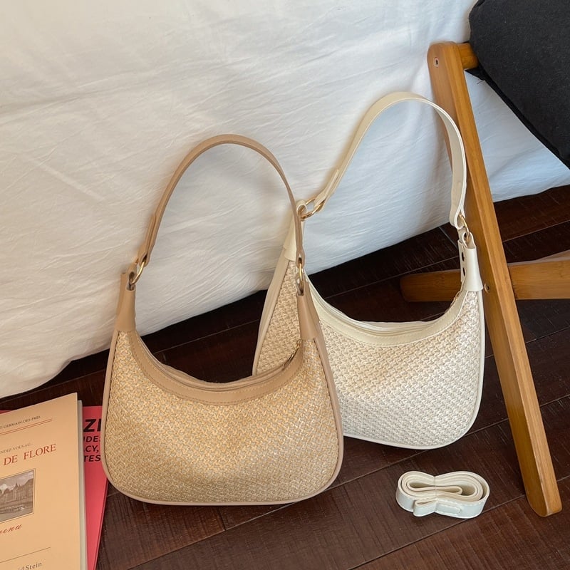 Geantă de damă crossbody în formă de dumpling, din paie, texturată, design unic, primăvara 2026