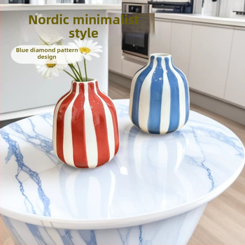 Vază ceramică albastră, stil nordic minimalist, cu model diamant, pentru aranjamente florale, decor sufragerie