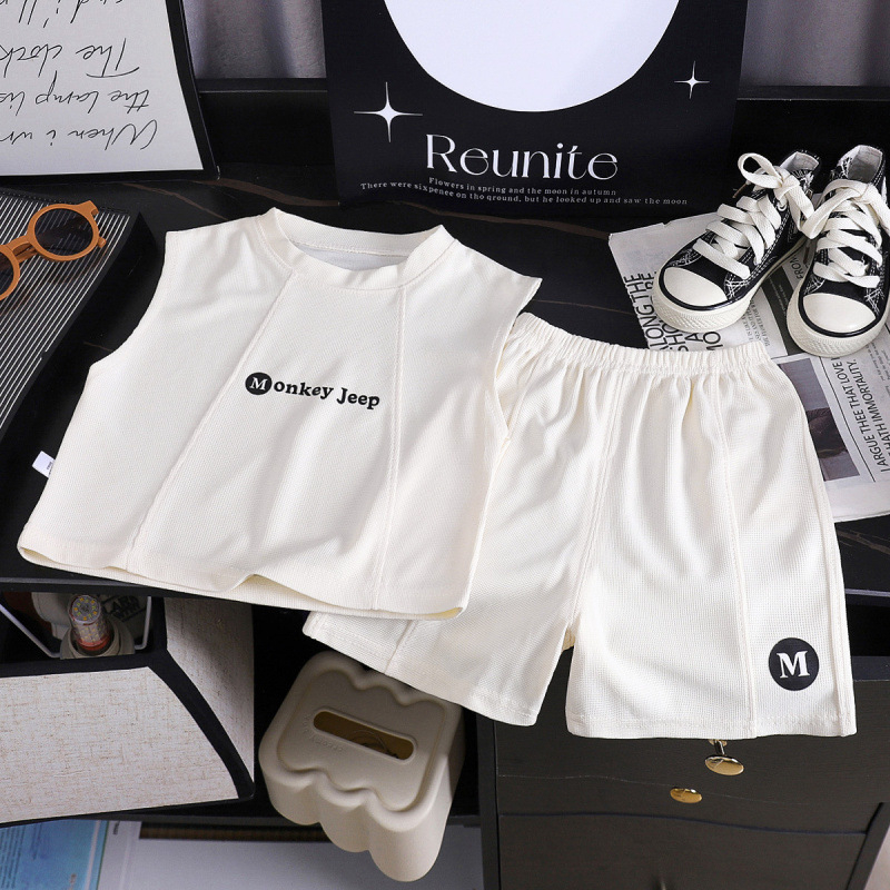 Set de vară pentru copii din două piese: top fără mâneci și pantaloni scurți, culoare solidă, ușor, respirabil, ținută casual.
