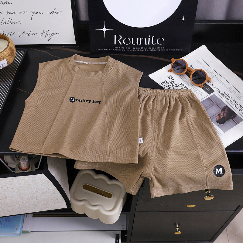Set de vară pentru copii din două piese: top fără mâneci și pantaloni scurți, culoare solidă, ușor, respirabil, ținută casual.