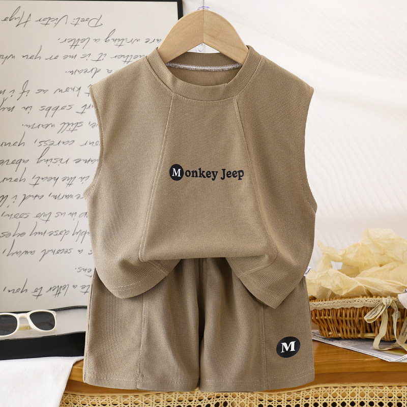 Set de vară pentru copii din două piese: top fără mâneci și pantaloni scurți, culoare solidă, ușor, respirabil, ținută casual.