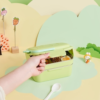 Cutie de prânz cu două compartimente din oțel inoxidabil, portabilă, menține mâncarea caldă, cu design de desene animate, pentru elevi