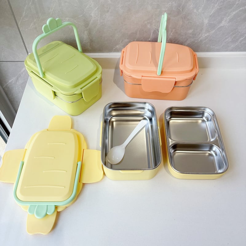 Cutie de prânz cu două compartimente din oțel inoxidabil, portabilă, menține mâncarea caldă, cu design de desene animate, pentru elevi