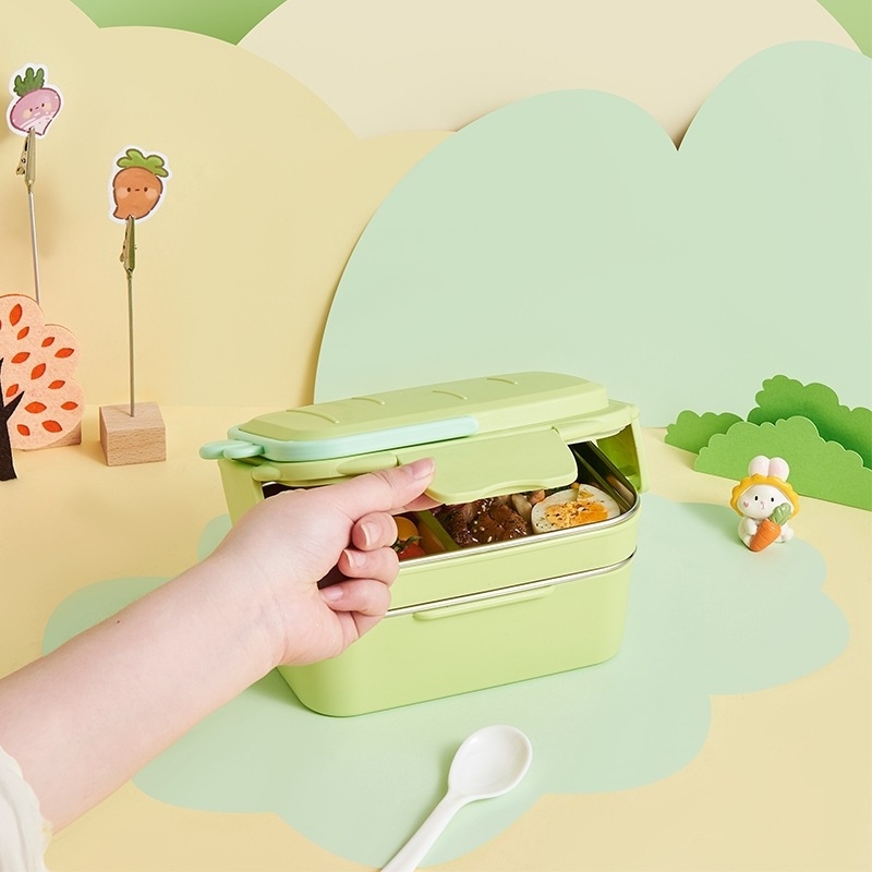 Cutie de prânz cu două compartimente din oțel inoxidabil, portabilă, menține mâncarea caldă, cu design de desene animate, pentru elevi