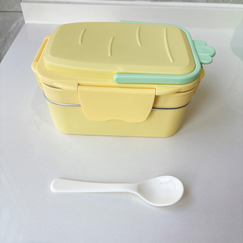 Cutie de prânz cu două compartimente din oțel inoxidabil, portabilă, menține mâncarea caldă, cu design de desene animate, pentru elevi
