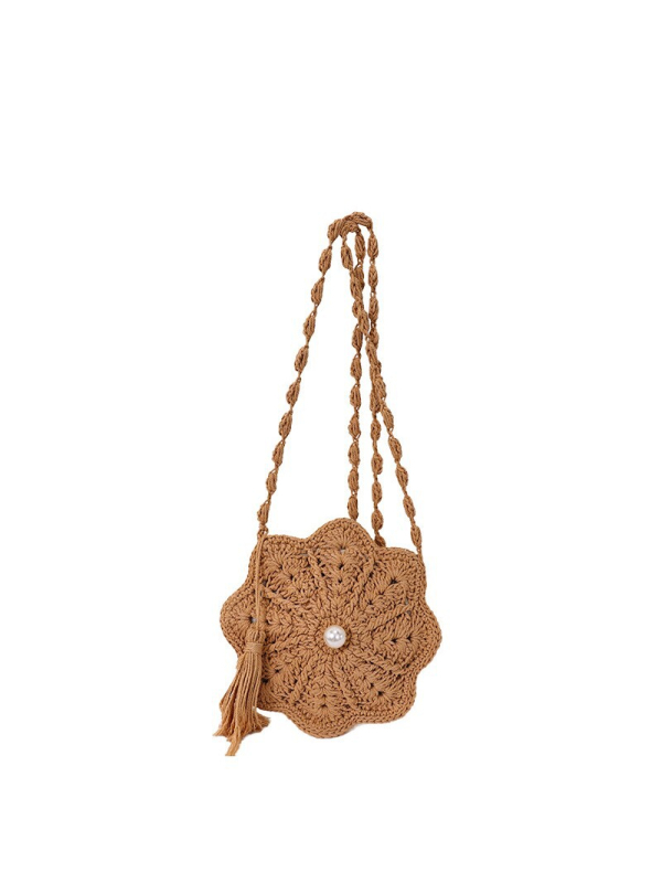 Geantă croșetată manual cu flori, pentru femei, mică, circulară, crossbody cu ciucuri de perle, din bumbac și in