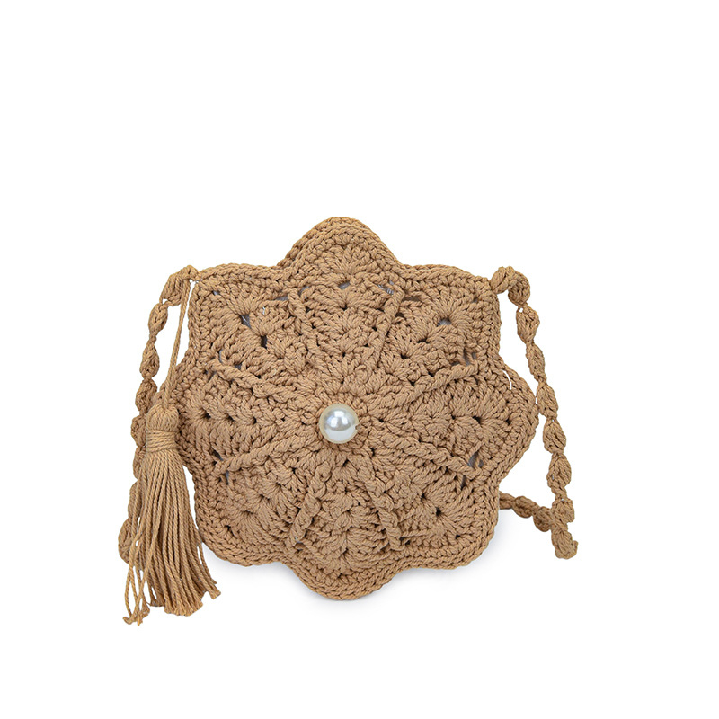Geantă croșetată manual cu flori, pentru femei, mică, circulară, crossbody cu ciucuri de perle, din bumbac și in
