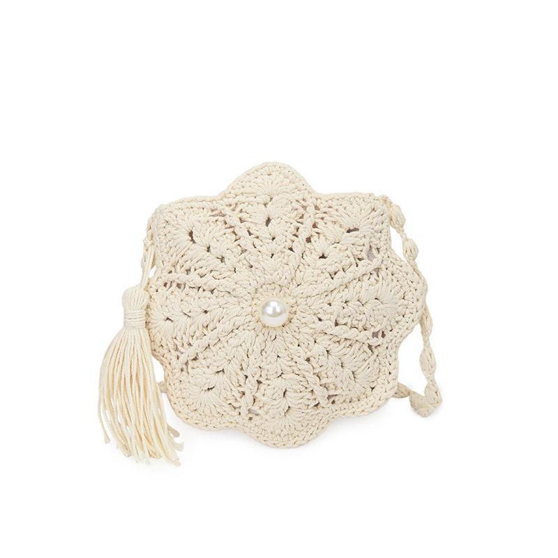 Geantă croșetată manual cu flori, pentru femei, mică, circulară, crossbody cu ciucuri de perle, din bumbac și in