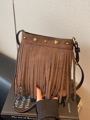 Geantă mică pătrată în stil franțuzesc retro, cu ciucuri din velur pentru femei, crossbody, toamnă 2025.