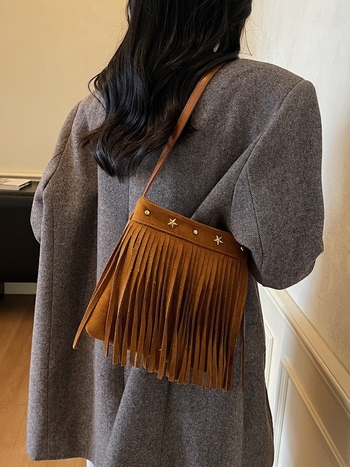Geantă mică pătrată în stil franțuzesc retro, cu ciucuri din velur pentru femei, crossbody, toamnă 2025.
