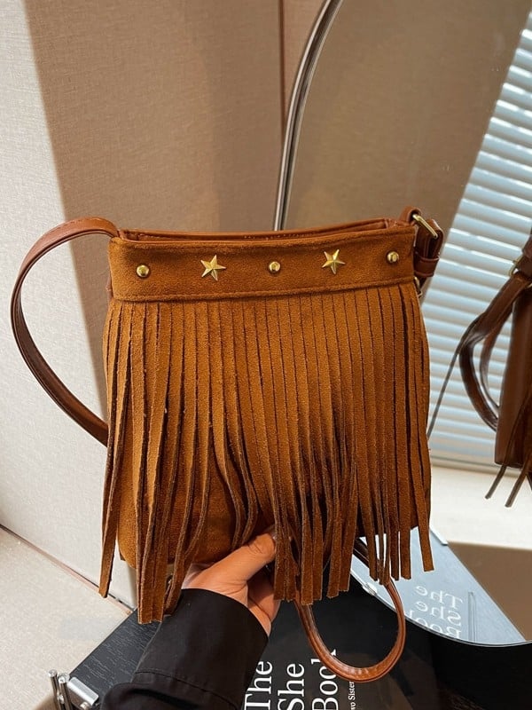 Geantă mică pătrată în stil franțuzesc retro, cu ciucuri din velur pentru femei, crossbody, toamnă 2025.