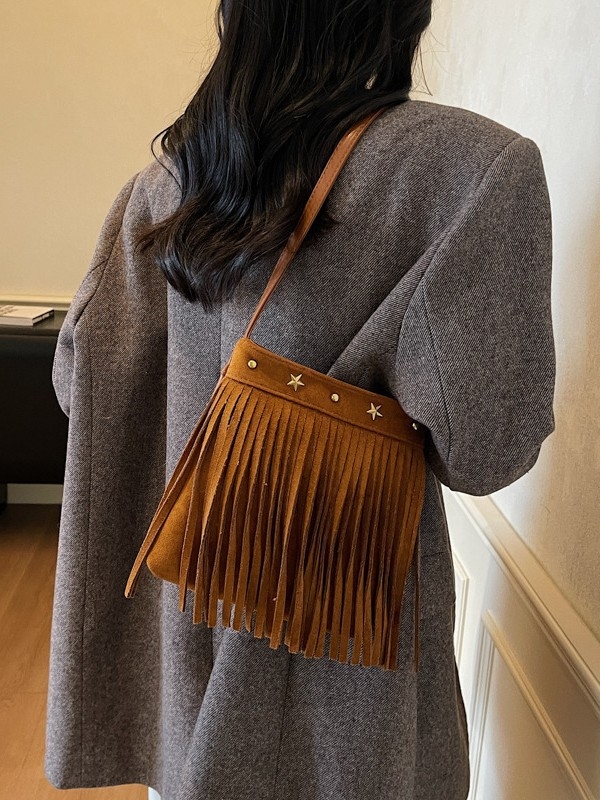 Geantă mică pătrată în stil franțuzesc retro, cu ciucuri din velur pentru femei, crossbody, toamnă 2025.