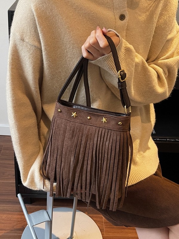 Geantă mică pătrată în stil franțuzesc retro, cu ciucuri din velur pentru femei, crossbody, toamnă 2025.