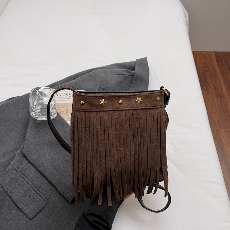 Geantă mică pătrată în stil franțuzesc retro, cu ciucuri din velur pentru femei, crossbody, toamnă 2025.