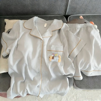 Set de pijamale pentru bărbați, vară, cu motiv Crăciun și puiuț de câine pe cloud cotton, tricou cu mânecă scurtă și pantaloni scurți, material ușor, mărimi mari pentru adolescenți