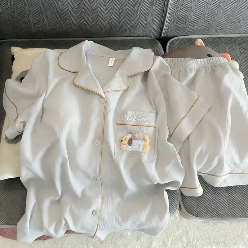 Set de pijamale pentru bărbați, vară, cu motiv Crăciun și puiuț de câine pe cloud cotton, tricou cu mânecă scurtă și pantaloni scurți, material ușor, mărimi mari pentru adolescenți