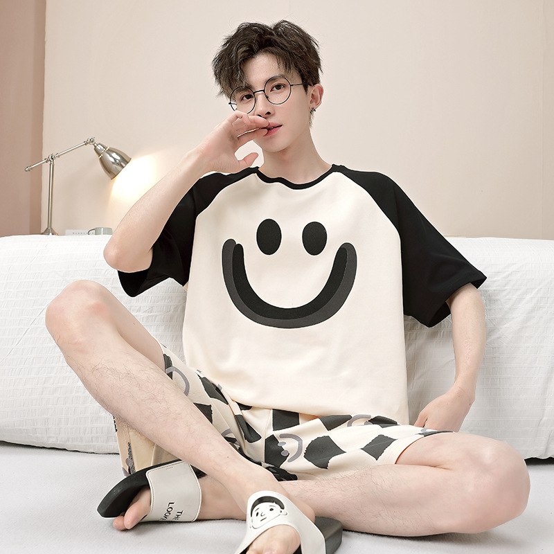 Set de pijama pentru bărbați, vară, din bumbac 100%, tricou cu mânecă scurtă și pantaloni scurți, imprimeu cu desene animate, mărime mare