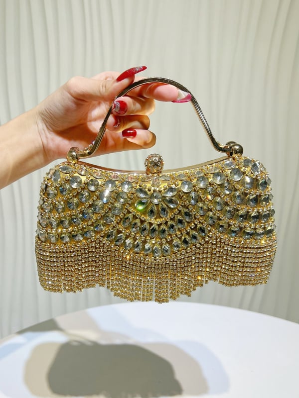 Geantă clutch de seară cu pietre strălucitoare și ciucuri, curea pentru umăr sau crossbody, pentru nunți și aniversări