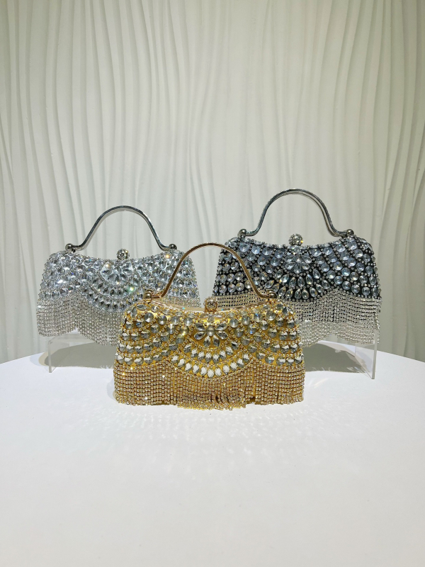 Geantă clutch de seară cu pietre strălucitoare și ciucuri, curea pentru umăr sau crossbody, pentru nunți și aniversări