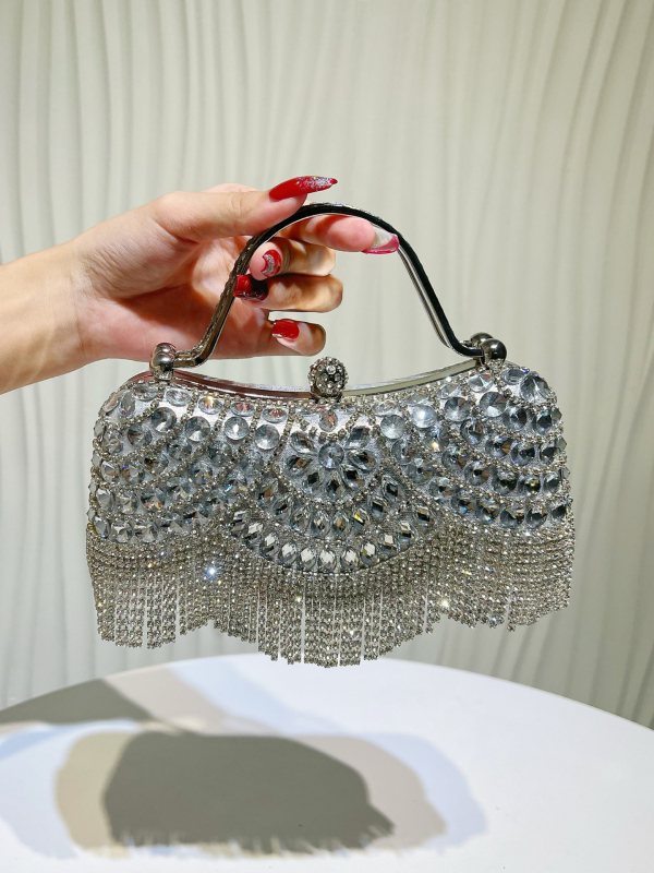 Geantă clutch de seară cu pietre strălucitoare și ciucuri, curea pentru umăr sau crossbody, pentru nunți și aniversări