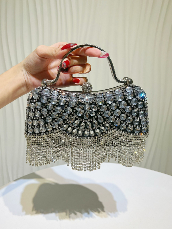 Geantă clutch de seară cu pietre strălucitoare și ciucuri, curea pentru umăr sau crossbody, pentru nunți și aniversări