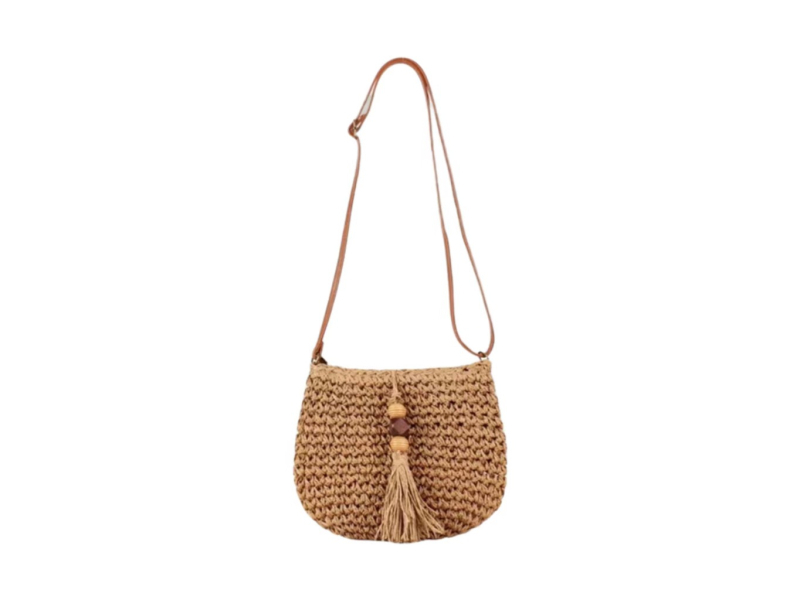 Geantă casual crossbody din paie, cu mărgele din lemn și ciucuri, țesătură împletită, curea pentru un singur umăr, ideală pentru plajă, compactă și versatilă pentru femei.