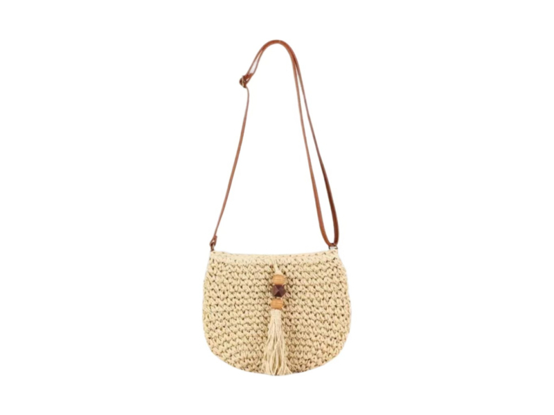 Geantă casual crossbody din paie, cu mărgele din lemn și ciucuri, țesătură împletită, curea pentru un singur umăr, ideală pentru plajă, compactă și versatilă pentru femei.