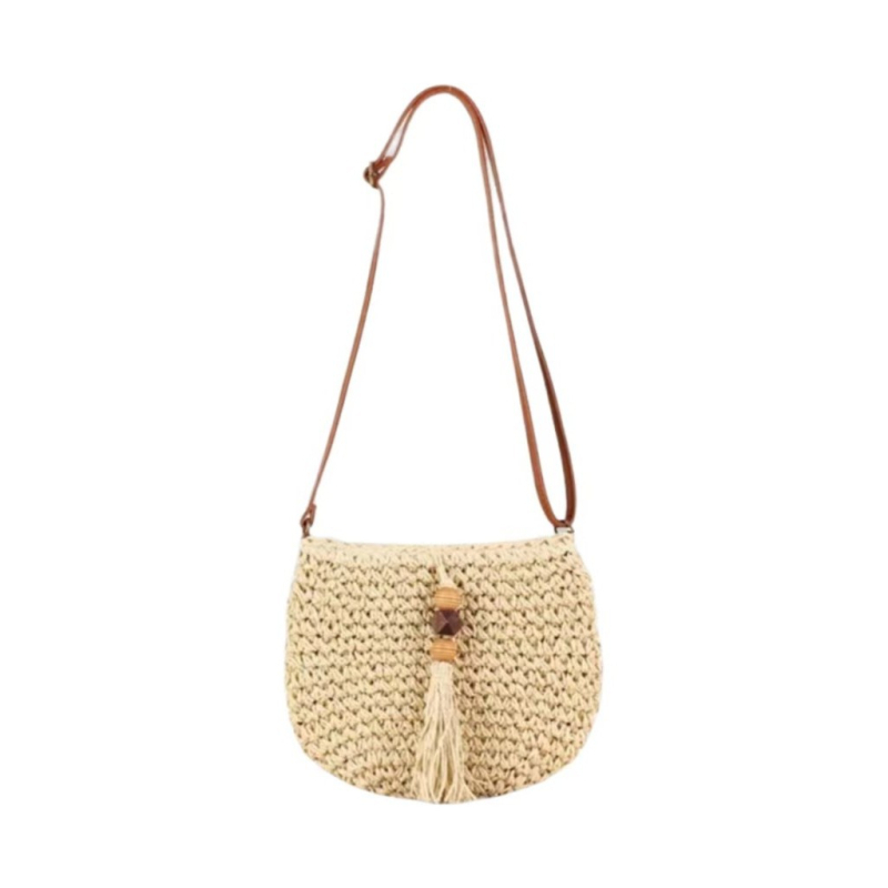 Geantă casual crossbody din paie, cu mărgele din lemn și ciucuri, țesătură împletită, curea pentru un singur umăr, ideală pentru plajă, compactă și versatilă pentru femei.