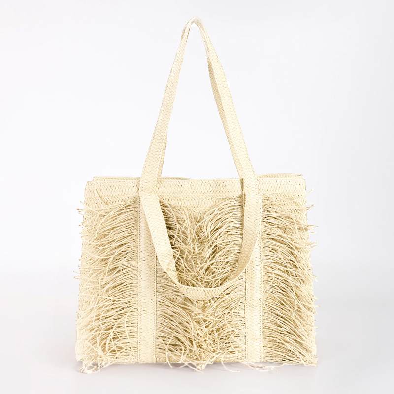 Nagy méretű női shopper táska papír-szalmából szőtt tassel, cipzáras zárás, poliészter bélés – női táska